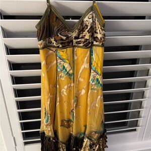 Cache Yellow and Green Floral Dress with Animal Print Accents